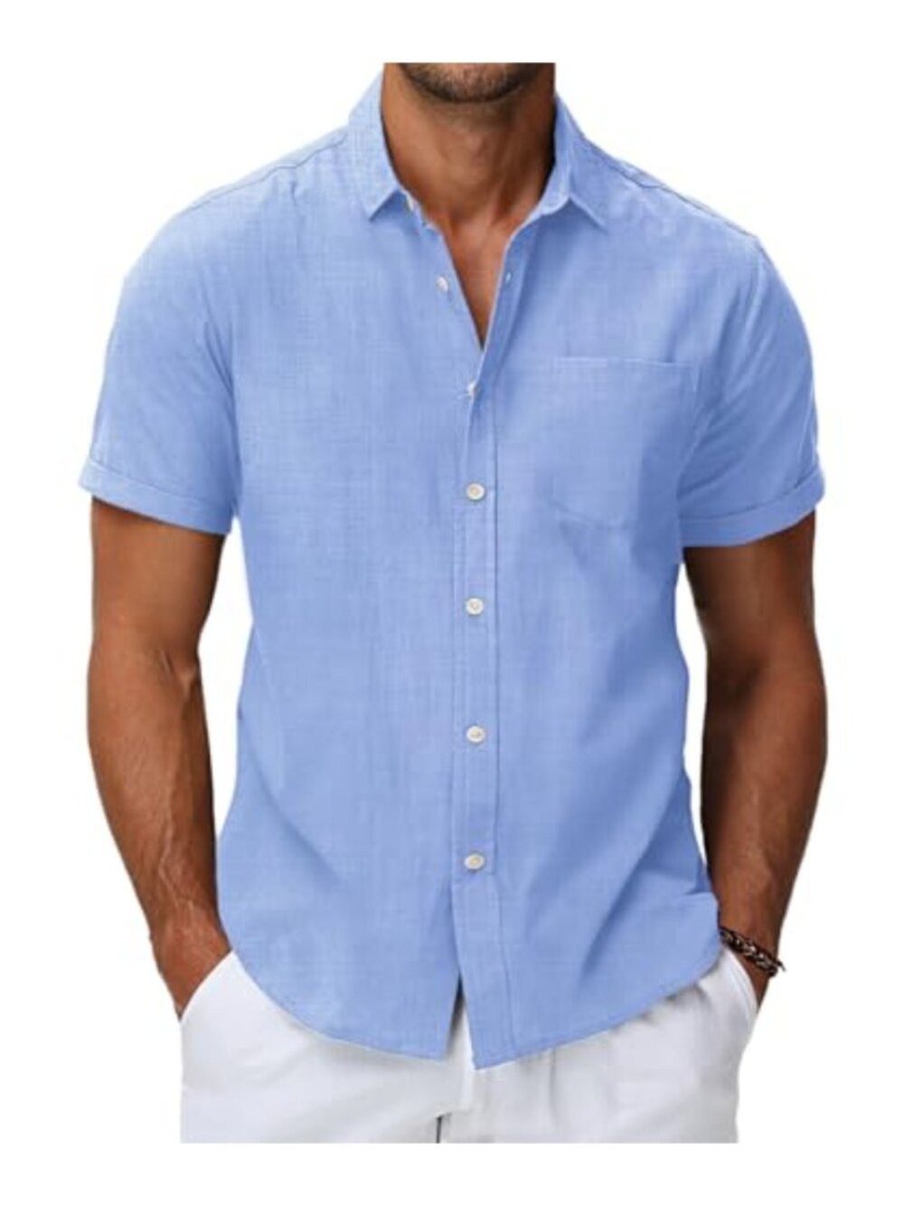 Men's Cotton Linen Button Down Shirt Short Sleeve Relaxed Fit